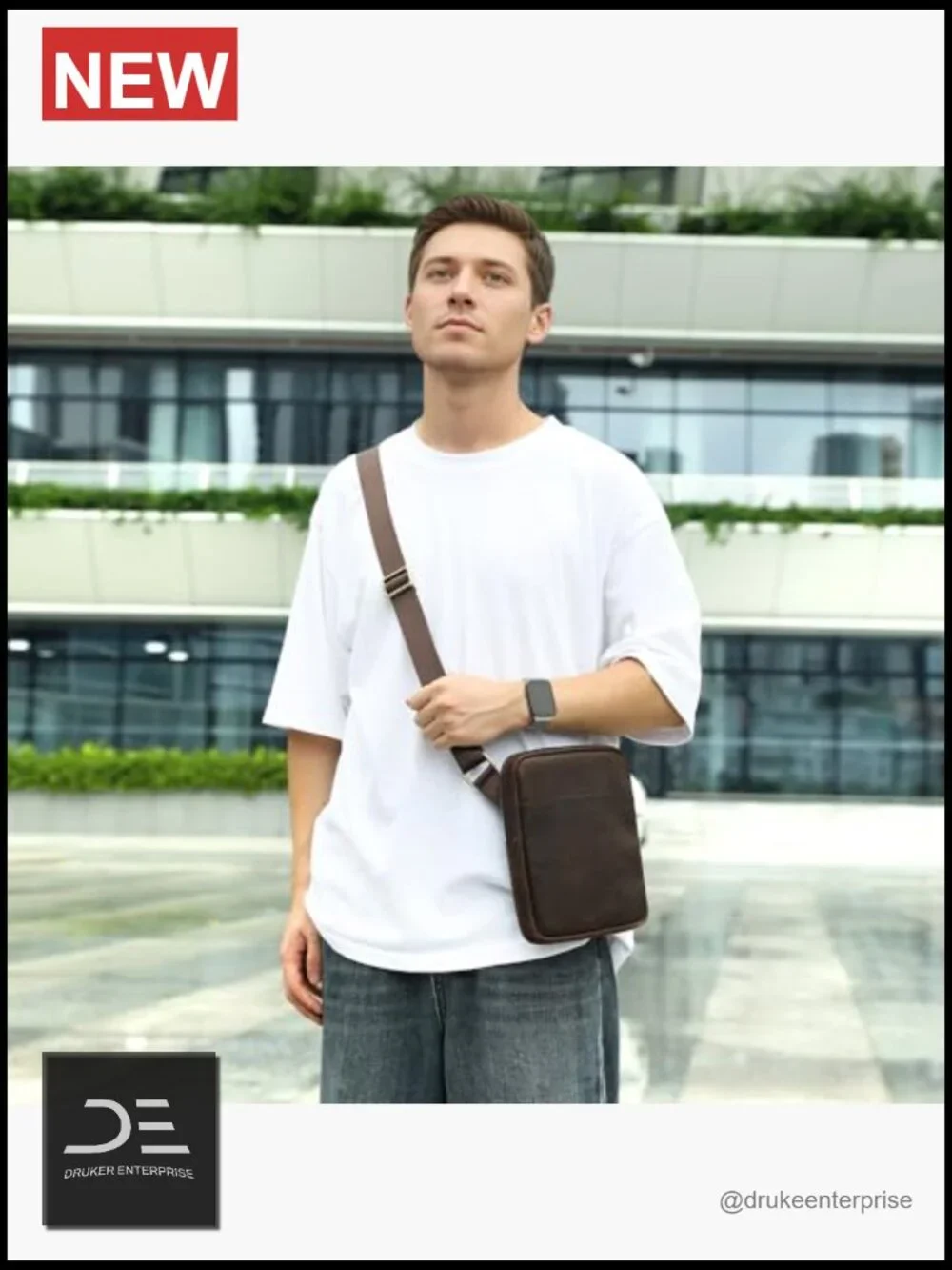 Mini Genuine Leather Messenger Shoulder Bag for Men with Multiple Zipper Pockets